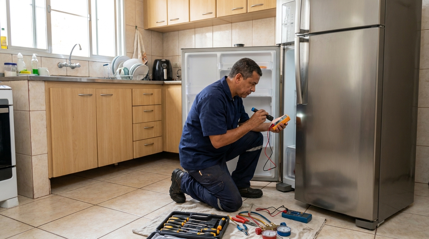 Técnico fazendo recarga de gás em geladeira de cliente em Brasília‑DF