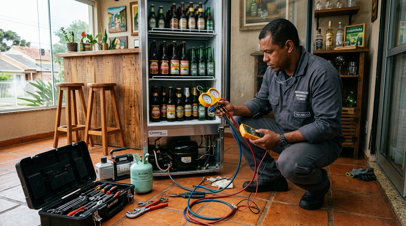 Técnico conferindo a temperatura de uma cervejeira durante atendimento em Brasília‑DF