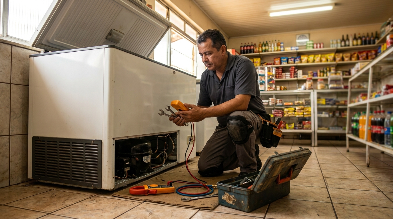 Técnico avaliando um freezer vertical durante atendimento em Brasília‑DF