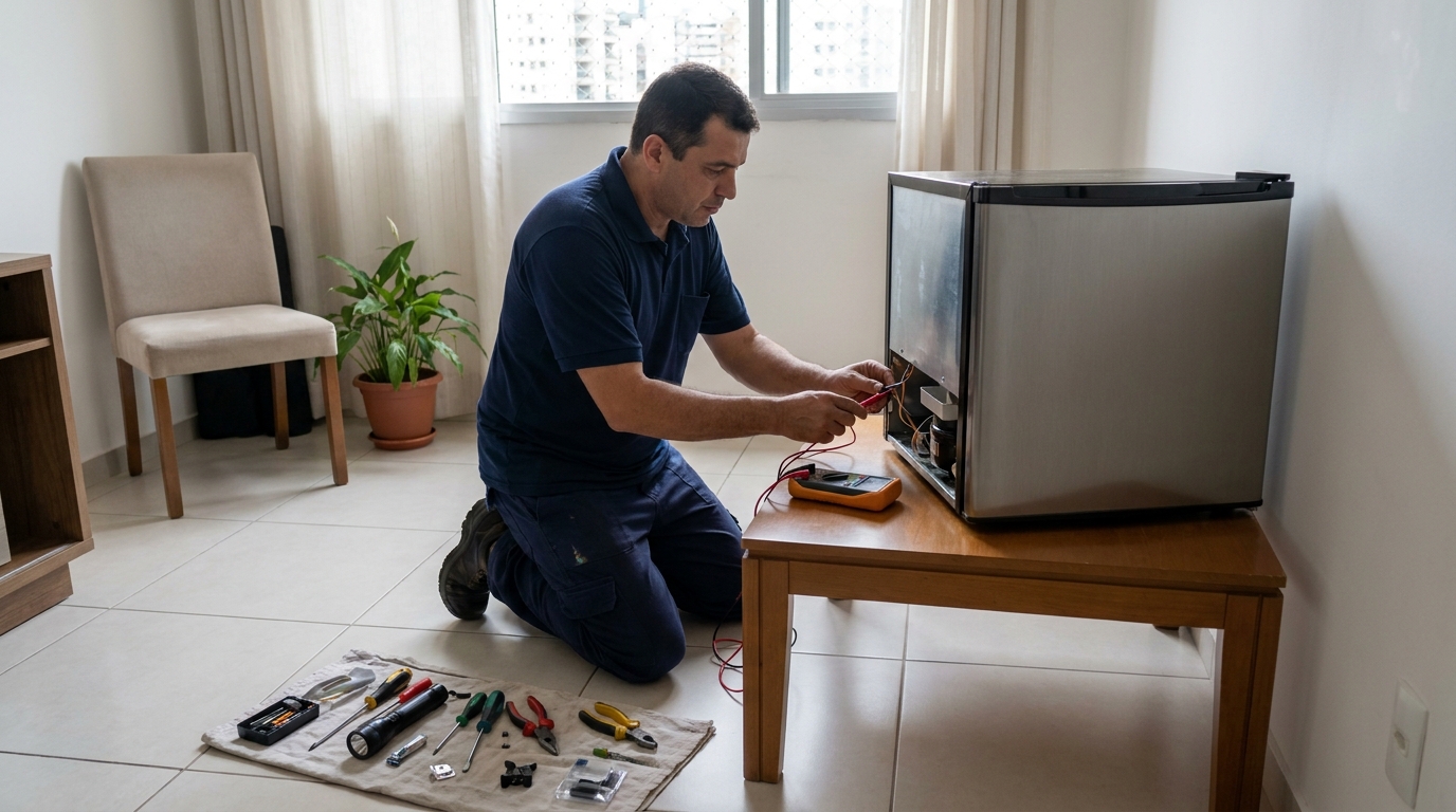 Técnico avaliando um frigobar compacto durante atendimento em Brasília‑DF